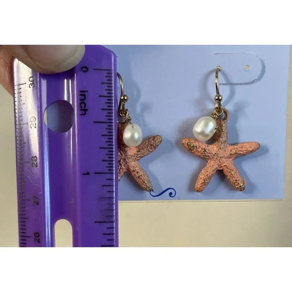 Periwinkle By Barlow Coral‎ Starfish Dangle Drop Faux Pearl Earrings NEW 1 Inch - Picture 3 of 3